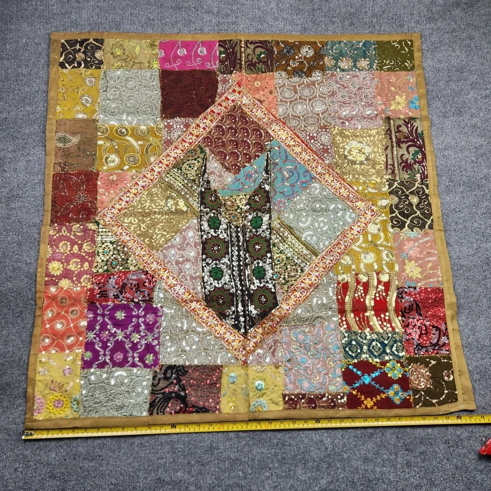 Indian Patchwork Wall Hanging Vintage Sari Sequin Embroidery Tapestry 36x37